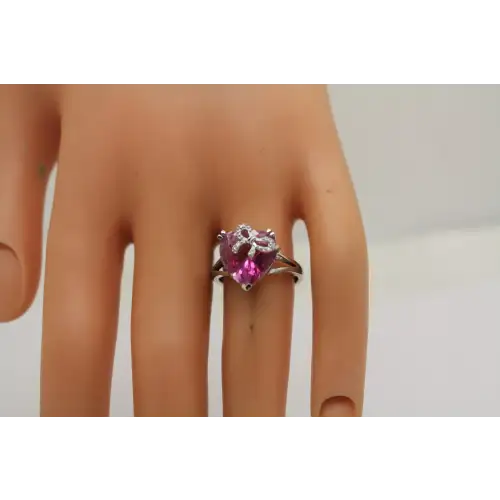 10k W.G. Heart Cut PINK SAPPHIRE DIAMOND acc. BOW split Shank sz 7 #