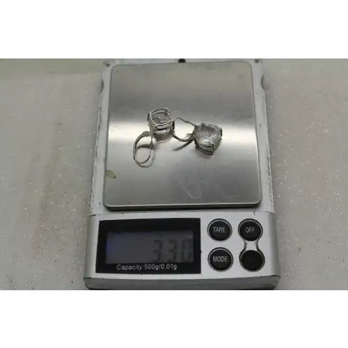 10k White Gold Square Cut CLEAR QUARTZ DANGLE earrings