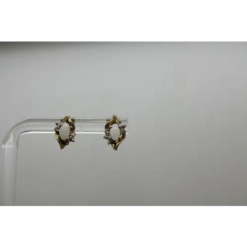 10k Y.G. Oval Cut OPAL & DIAMOND BYPASS DESIGN stud earrings