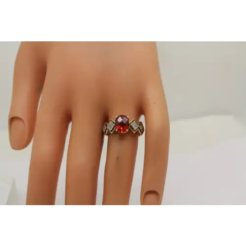 10k Y.G. Oval Cut ORANGE STONE & DIAMOND acc. ring size 8 #