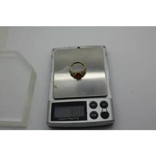 10k Y.G. Oval Cut ORANGE STONE & DIAMOND acc. ring size 8 #