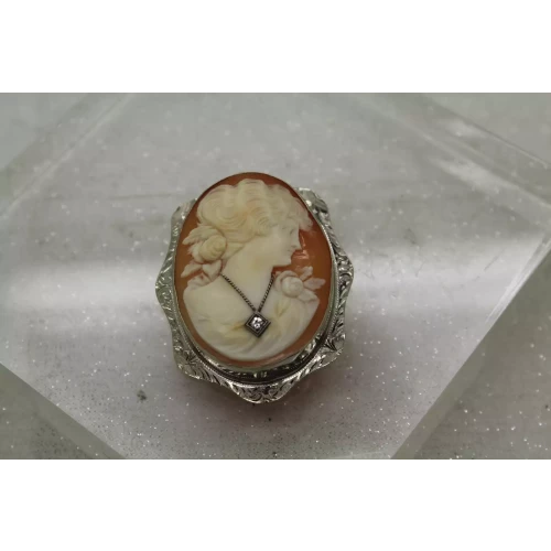 14k W.G. CARVED CAMEO DIAMOND ACCENT Lrg. BROOCH pendant pin