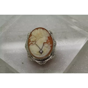 14k W.G. CARVED CAMEO DIAMOND ACCENT Lrg. BROOCH pendant pin