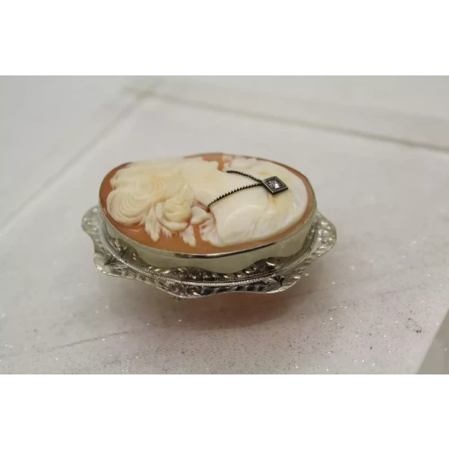 14k W.G. CARVED CAMEO DIAMOND ACCENT Lrg. BROOCH pendant pin