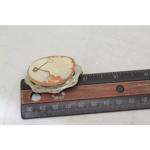 14k W.G. CARVED CAMEO DIAMOND ACCENT Lrg. BROOCH pendant pin