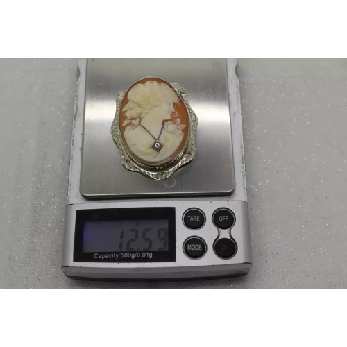 14k W.G. CARVED CAMEO DIAMOND ACCENT Lrg. BROOCH pendant pin