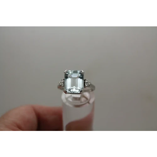 14K W.G. Lab Grown Large Emerald Cut AQUAMARINE & DIAMOND ring size 8