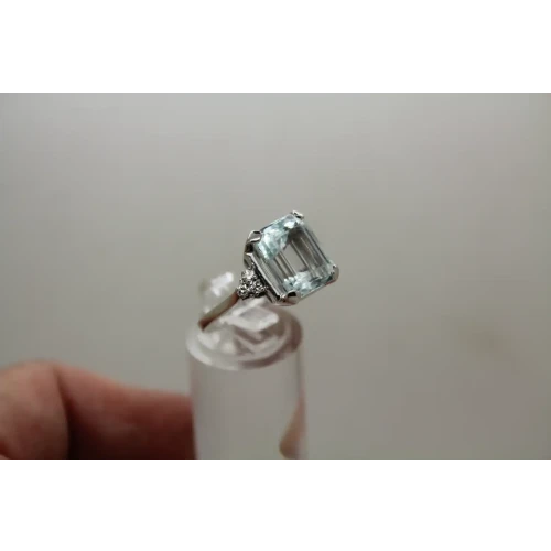 14K W.G. Lab Grown Large Emerald Cut AQUAMARINE & DIAMOND ring size 8
