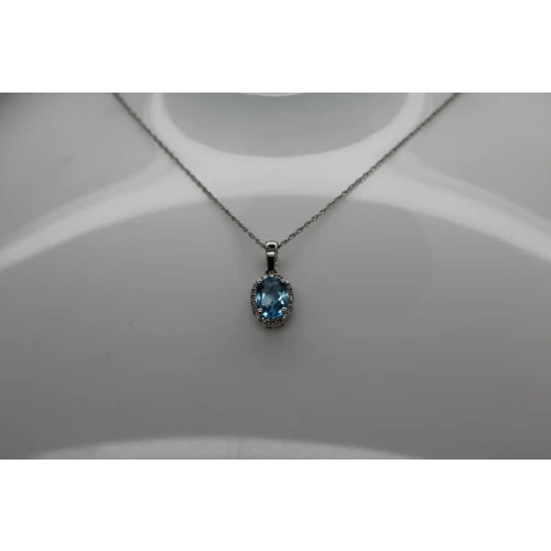 14k W.G. Oval Cut BLUE TOPAZ & DIAMOND HALO pendant necklace 18