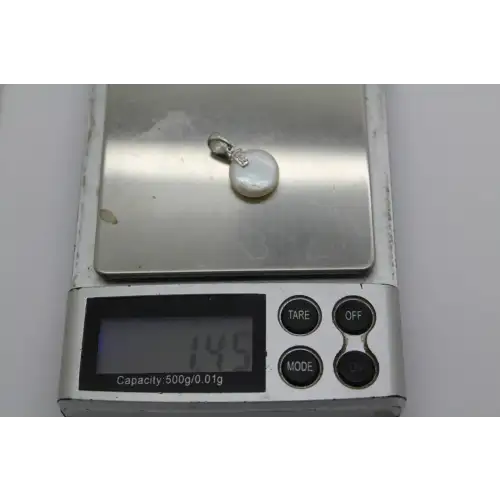 14k White Gold BUTTON PEARL & DIAMOND ACCENT drop pendant #