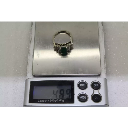 14k White Gold NATURAL EMERALD & .70ctw DIAMOND CLUSTER size 7.25