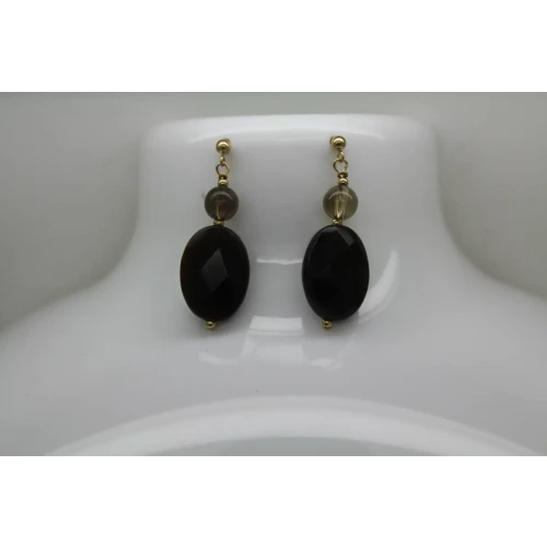 14k Yellow Gold BLACK ONX & SMOKY QUARTZ DANGLE earrings