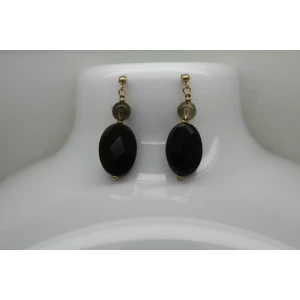 14k Yellow Gold BLACK ONX & SMOKY QUARTZ DANGLE earrings