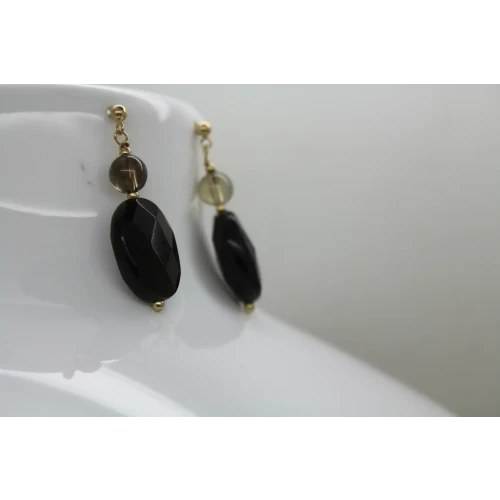 14k Yellow Gold BLACK ONX & SMOKY QUARTZ DANGLE earrings