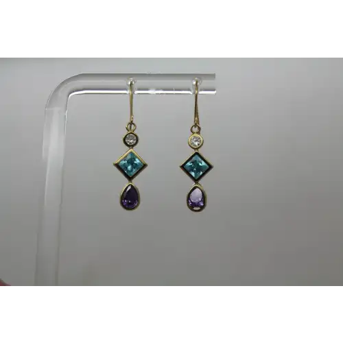 14k Yellow Gold BLUE , PURPLE & WHITE CZ DANGLE earrings #