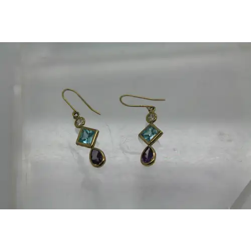 14k Yellow Gold BLUE , PURPLE & WHITE CZ DANGLE earrings #