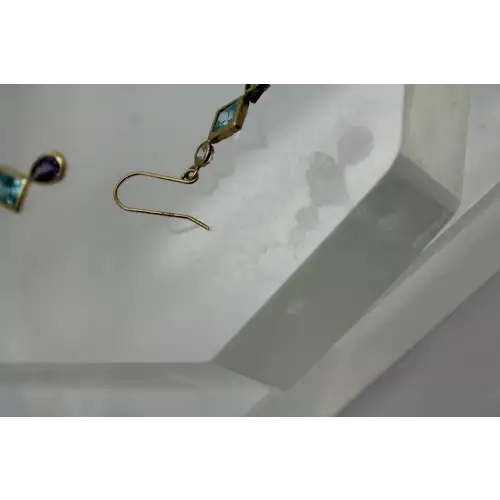 14k Yellow Gold BLUE , PURPLE & WHITE CZ DANGLE earrings #