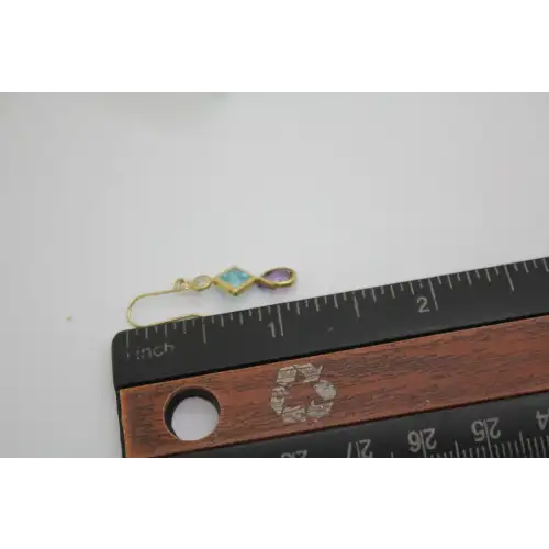 14k Yellow Gold BLUE , PURPLE & WHITE CZ DANGLE earrings #