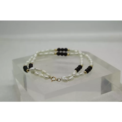 14k Yellow Gold FRESHWATER PEARL, ONYX & GOLD BEADED DOUBLE STRAND 7 1/2