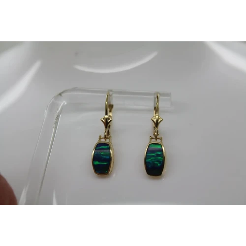 14k Yellow Gold OPAL INLAY RECTANGLE DESIGN DANGLE earrings
