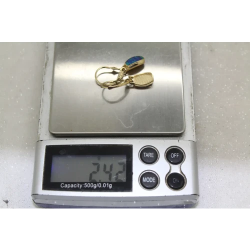 14k Yellow Gold OPAL INLAY RECTANGLE DESIGN DANGLE earrings
