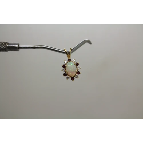 14k Yellow Gold OPAL, RUBY & DIAMOND HALO pendant