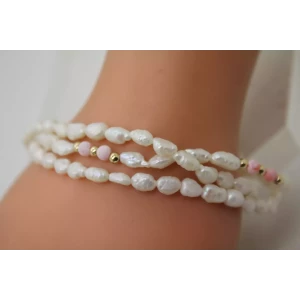 14k Y.G. ANGEL SKIN CORAL & RICE PEARL BEADED TRIPLE STRAND 8