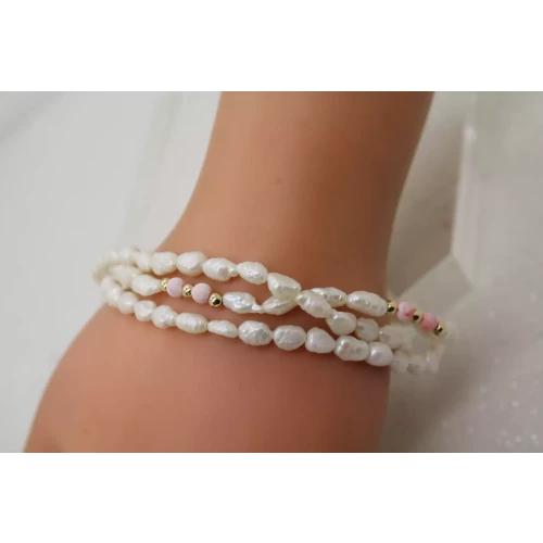 14k Y.G. ANGEL SKIN CORAL & RICE PEARL BEADED TRIPLE STRAND 8