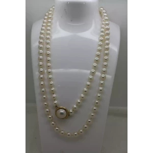 14k Y.G. FANCY SAFETY CLASP 7mm PEARL BEAD NECKLACE 32