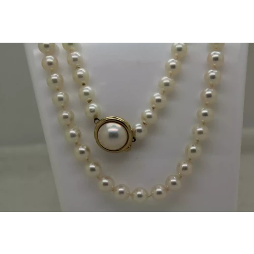 14k Y.G. FANCY SAFETY CLASP 7mm PEARL BEAD NECKLACE 32