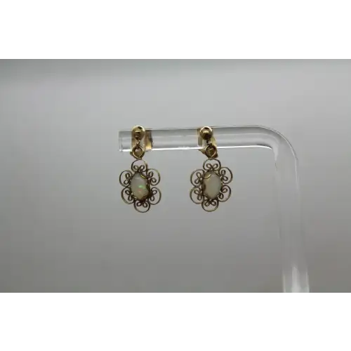 14k Y.G. Oval Cut OPAL FILIGREE DANGLE earrings #
