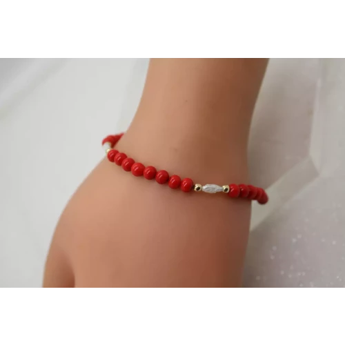 14k Y.G. RED GEMSTONE & FRESHWATER RICE PEARL BEADED 7