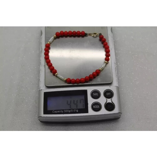 14k Y.G. RED GEMSTONE & FRESHWATER RICE PEARL BEADED 7