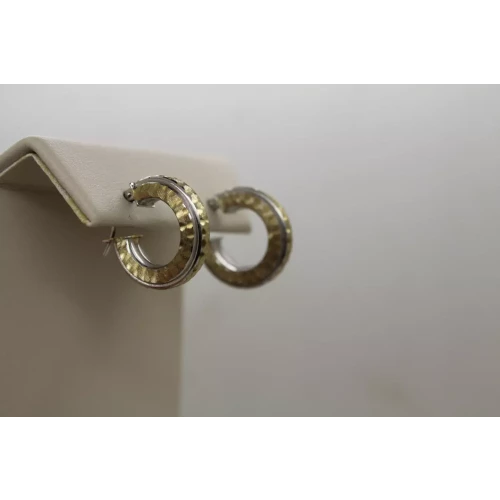 14k Y.G. & W.G. FROSTED TEXTURED W/ SHINY DESIGN HOOP earrings