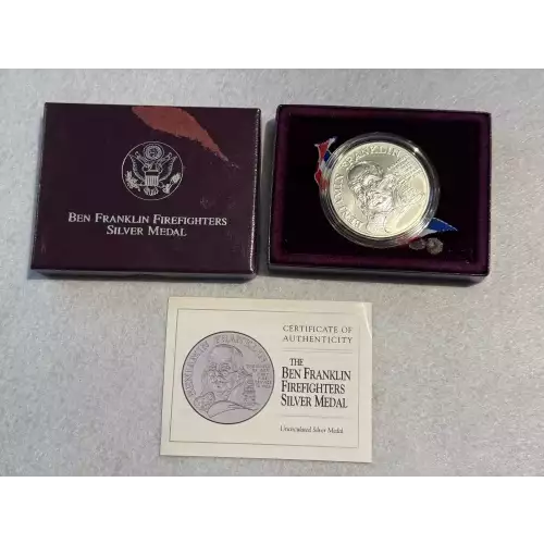 1992 Benjamin Franklin 1 oz .999 Fine Silver Medal Firefighters Box COA (4)