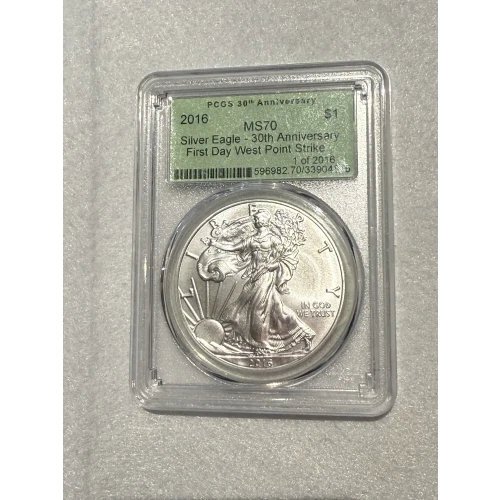 2016 $1 Silver 30th Anniversary Silver Eagle - 30th Anniversary FS Green 1 of 2016 First Day WP Strike
