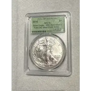 2016 $1 Silver 30th Anniversary Silver Eagle - 30th Anniversary FS Green 1 of 2016 First Day WP Strike