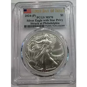 2024 - P Silver Eagle Star Privy PCGS MS70 FDI Flag Label, Philadelphia ASE