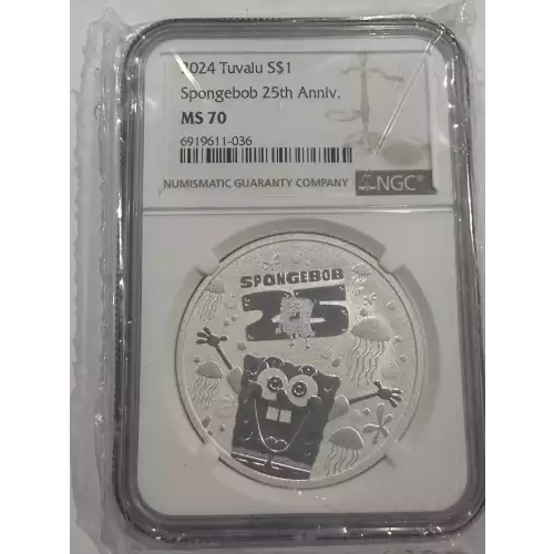 2024 Tuvalu 1 oz Silver Spongebob 25th Anniv NGC MS70