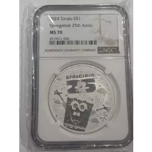 2024 Tuvalu 1 oz Silver Spongebob 25th Anniv NGC MS70