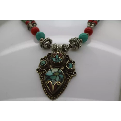 .925 Silver Plated TURQUOISE INLAY PENDANT BEADED NECKLACE 17