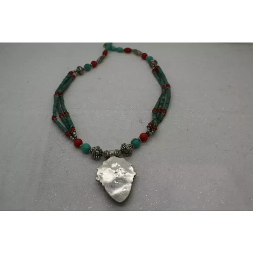 .925 Silver Plated TURQUOISE INLAY PENDANT BEADED NECKLACE 17