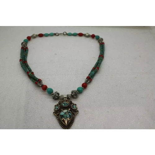 .925 Silver Plated TURQUOISE INLAY PENDANT BEADED NECKLACE 17