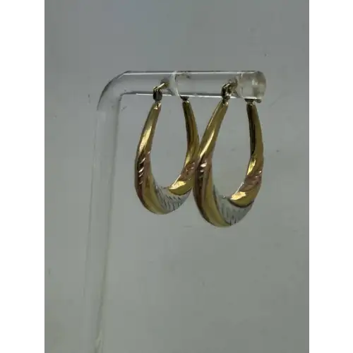 .925 S.S. 1/20 10k TRI-COLOR GOLD ELONGATED HOOP earrings