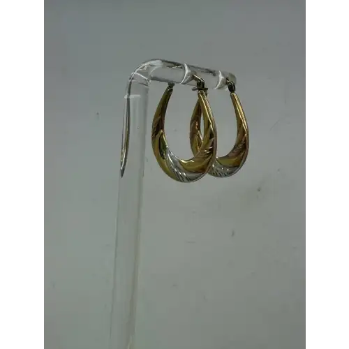 .925 S.S. 1/20 10k TRI-COLOR GOLD ELONGATED HOOP earrings