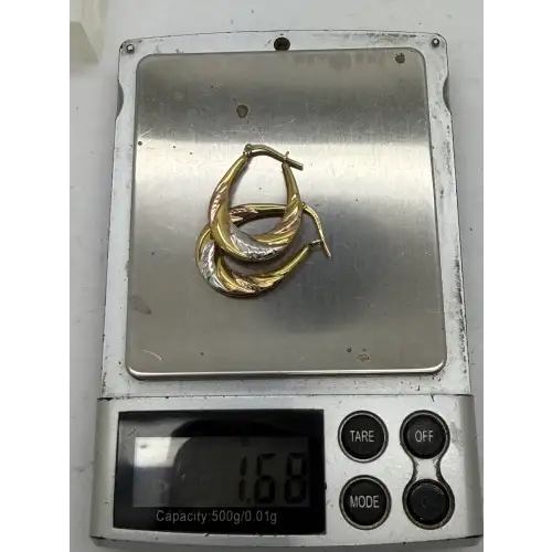.925 S.S. 1/20 10k TRI-COLOR GOLD ELONGATED HOOP earrings