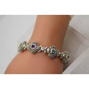 .925 S.S. 14k Y.G. MULTI GEMSTONE FLOWER DESIGN Bracelet 7 1/2