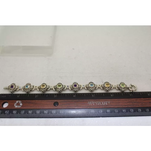 .925 S.S. 14k Y.G. MULTI GEMSTONE FLOWER DESIGN Bracelet 7 1/2