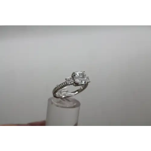 .925 S.S. Asscher Cut CZ 3 STONE w/ accents ring size 8 #
