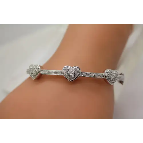 .925 S.S. DIAMOND accented HEART HINGED BANGLE bracelet 15g